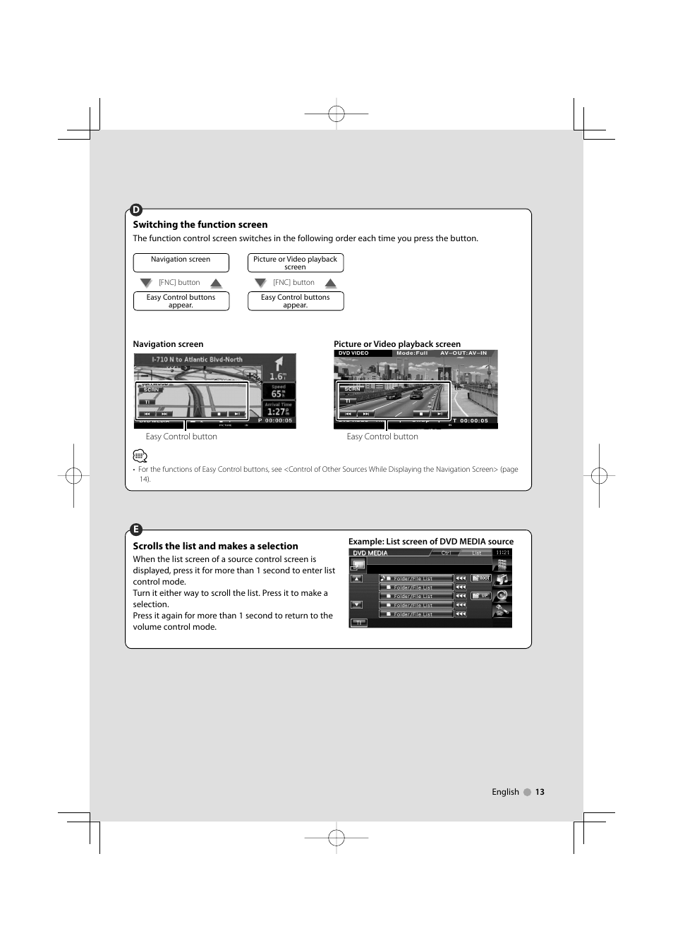 Switching the function screen, Dscrolls the list and makes a selection | Kenwood DDX5032M User Manual | Page 13 / 92