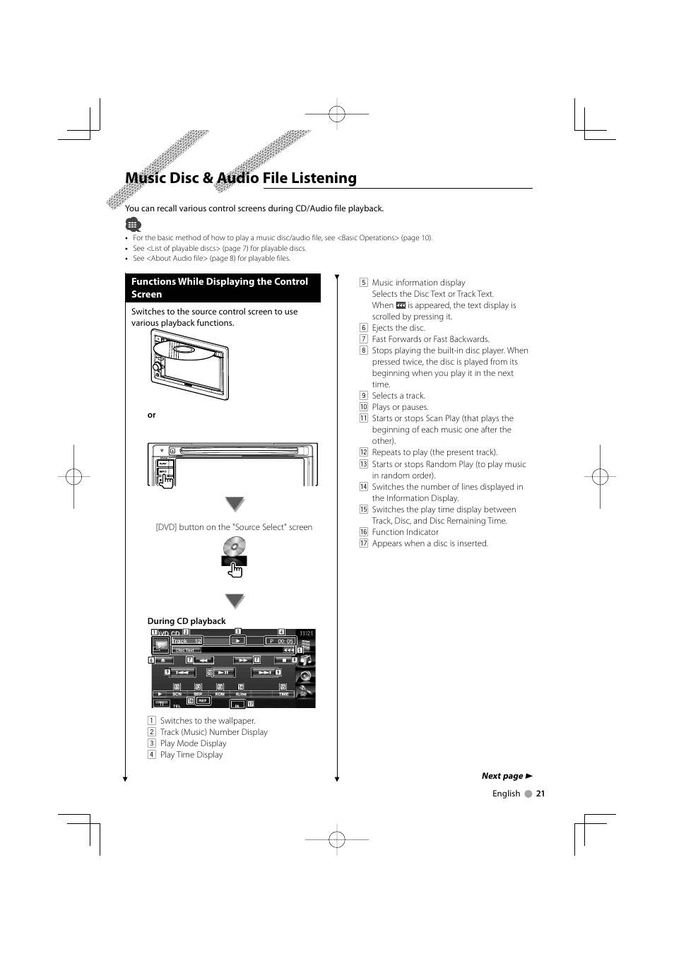 Music disc & audio file listening | Kenwood DDX5032M User Manual | Page 21 / 92