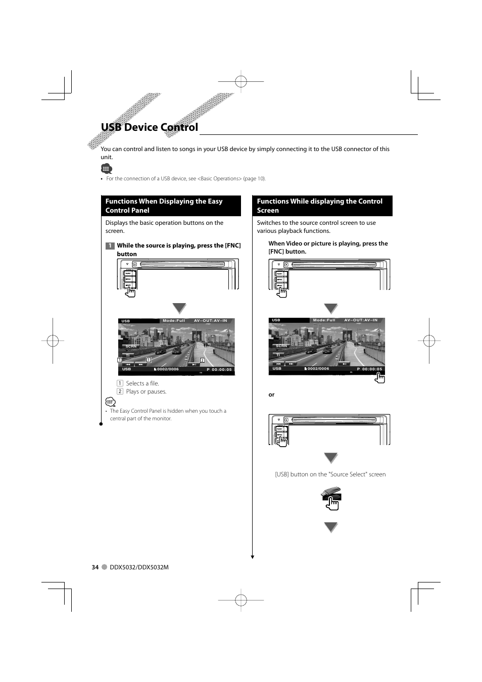 Usb device control, Functions when displaying the easy control panel, Functions while displaying the control screen | Kenwood DDX5032M User Manual | Page 34 / 92