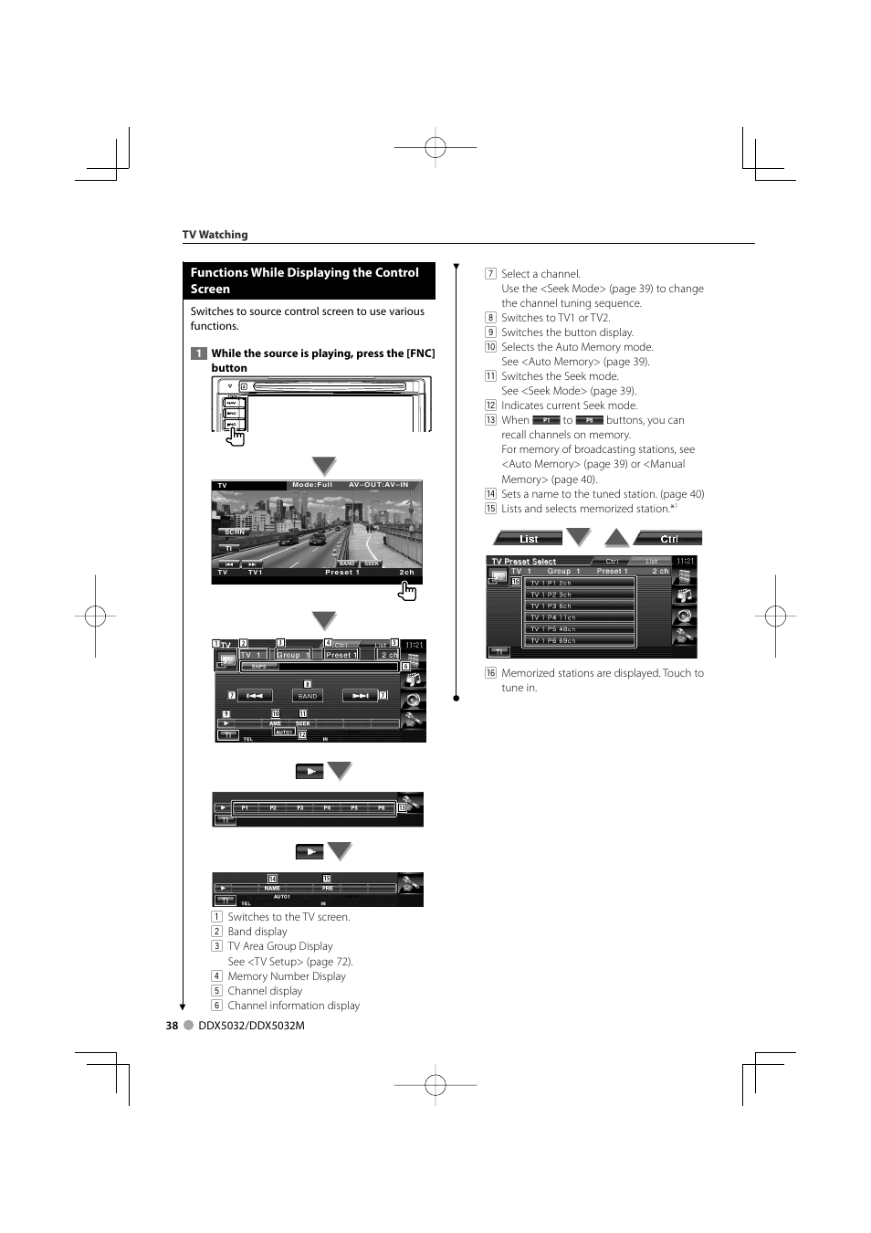 Functions while displaying the control screen | Kenwood DDX5032M User Manual | Page 38 / 92