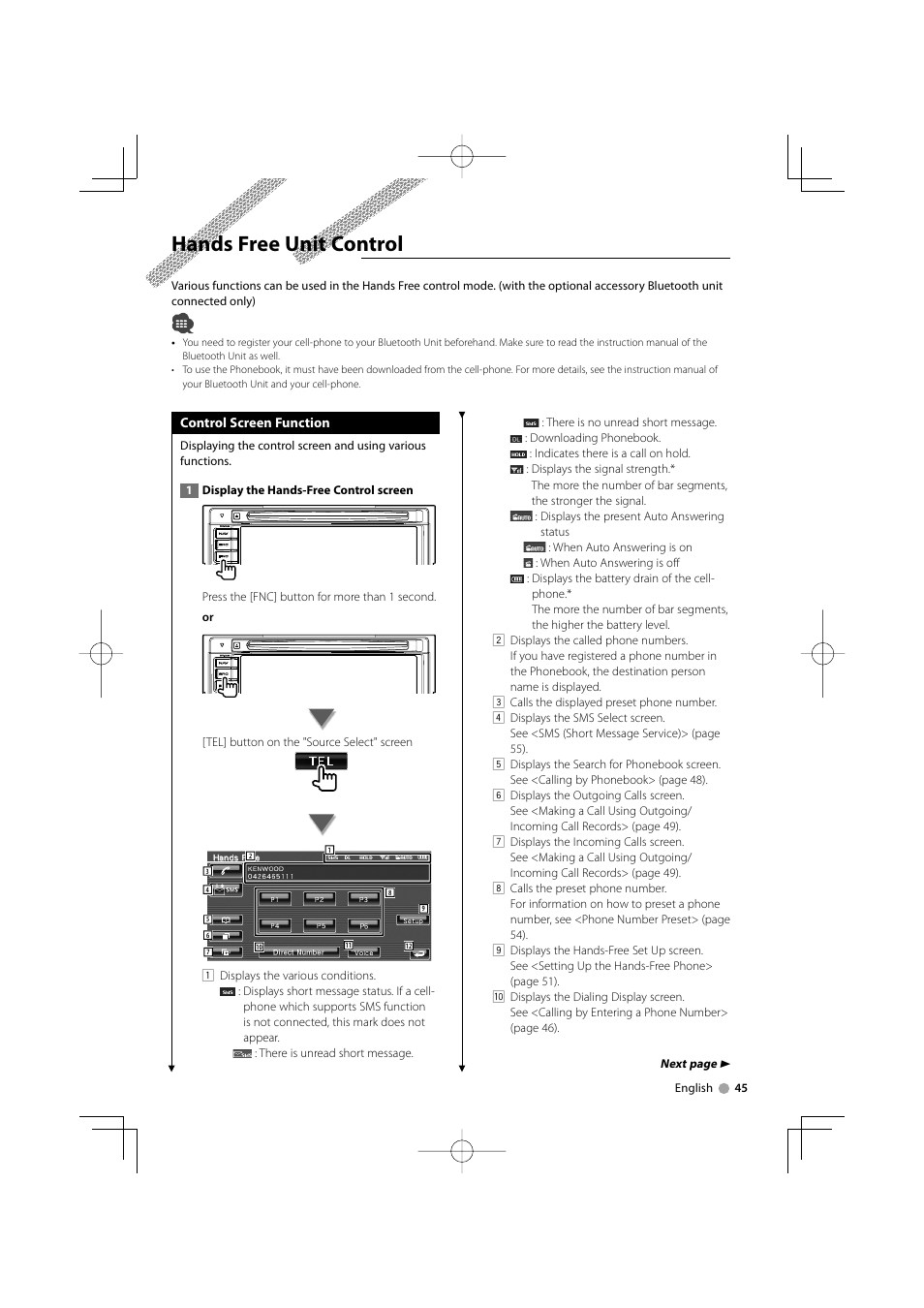 Hands free unit control | Kenwood DDX5032M User Manual | Page 45 / 92