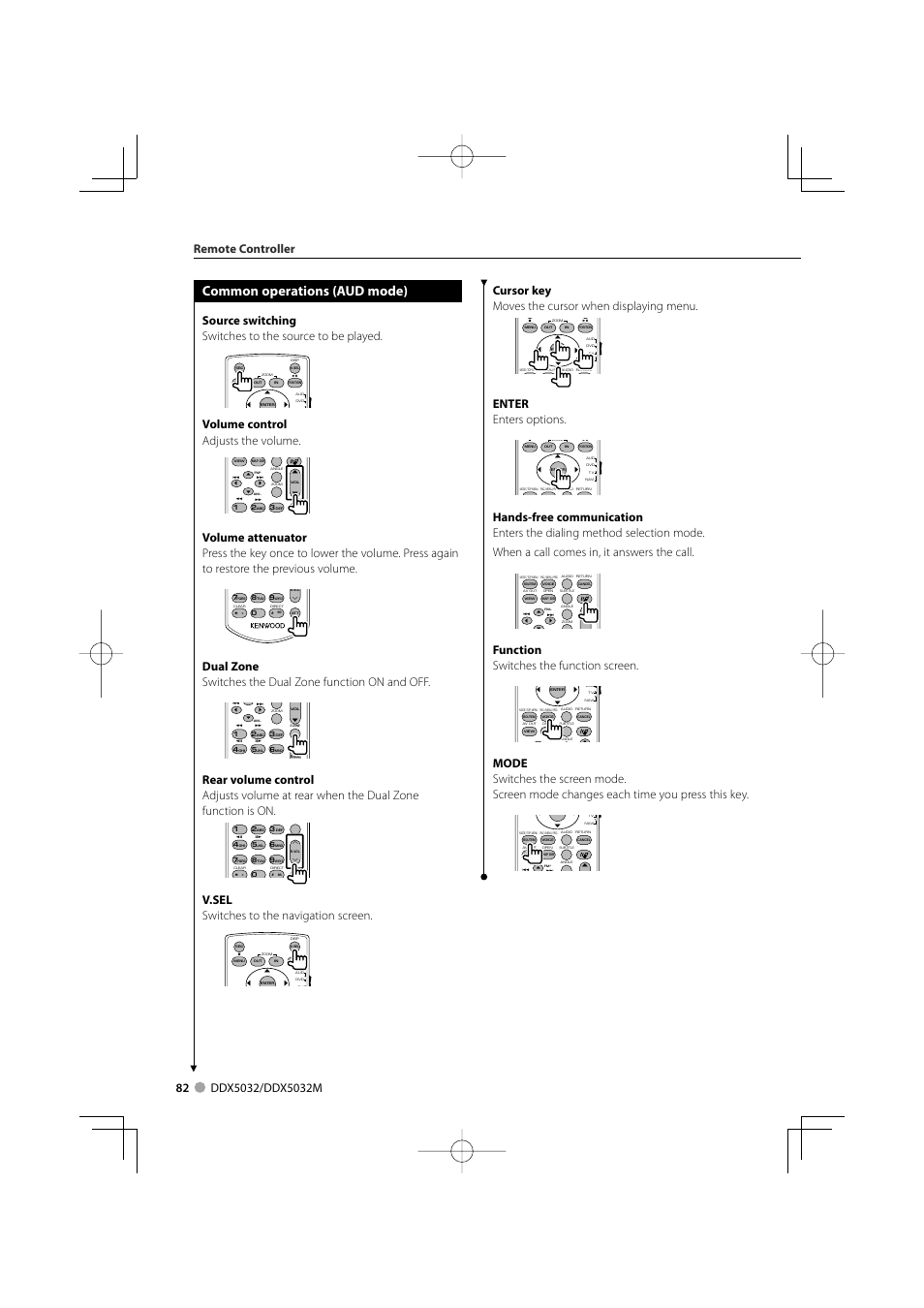 Common operations (aud mode), Volume control adjusts the volume, V.sel switches to the navigation screen | Cursor key moves the cursor when displaying menu, Enter enters options, Function switches the function screen, Remote controller | Kenwood DDX5032M User Manual | Page 82 / 92