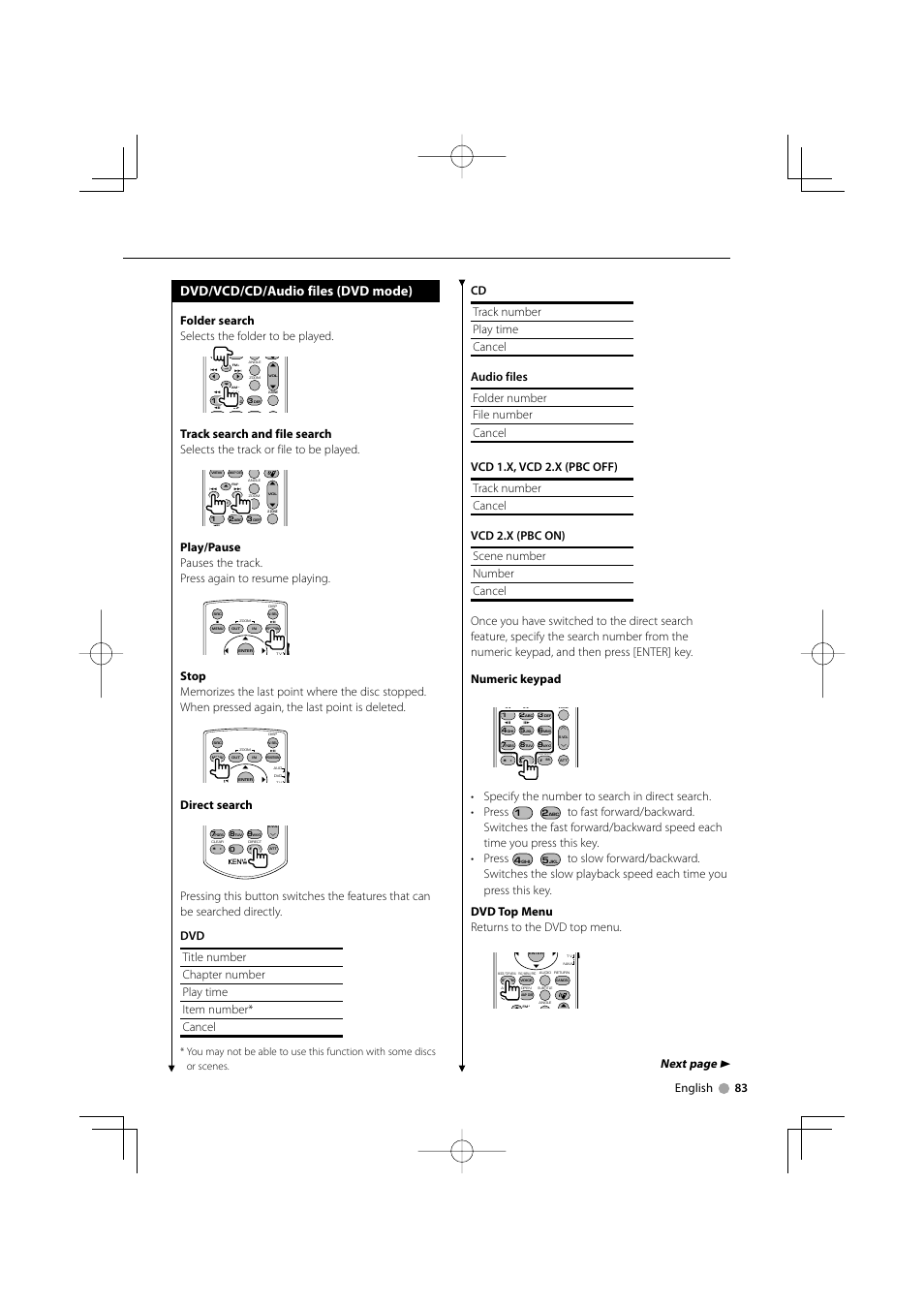 Dvd/vcd/cd/audio files (dvd mode), Next page 3, Folder search selects the folder to be played | Direct search | Kenwood DDX5032M User Manual | Page 83 / 92