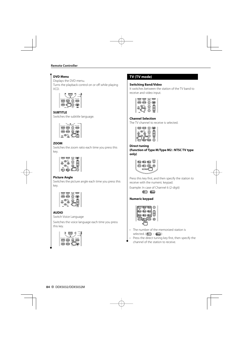 Tv (tv mode), Subtitle switches the subtitle language, Numeric keypad | Kenwood DDX5032M User Manual | Page 84 / 92