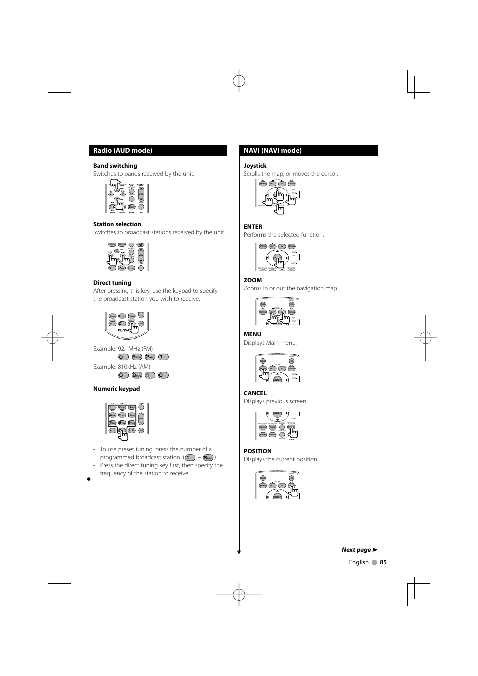 Radio (aud mode), Navi (navi mode), Next page 3 | English 85, Example: 92.1mhz (fm), Example: 810khz (am), Numeric keypad, Joystick scrolls the map, or moves the cursor, Enter performs the selected function, Zoom zooms in or out the navigation map | Kenwood DDX5032M User Manual | Page 85 / 92