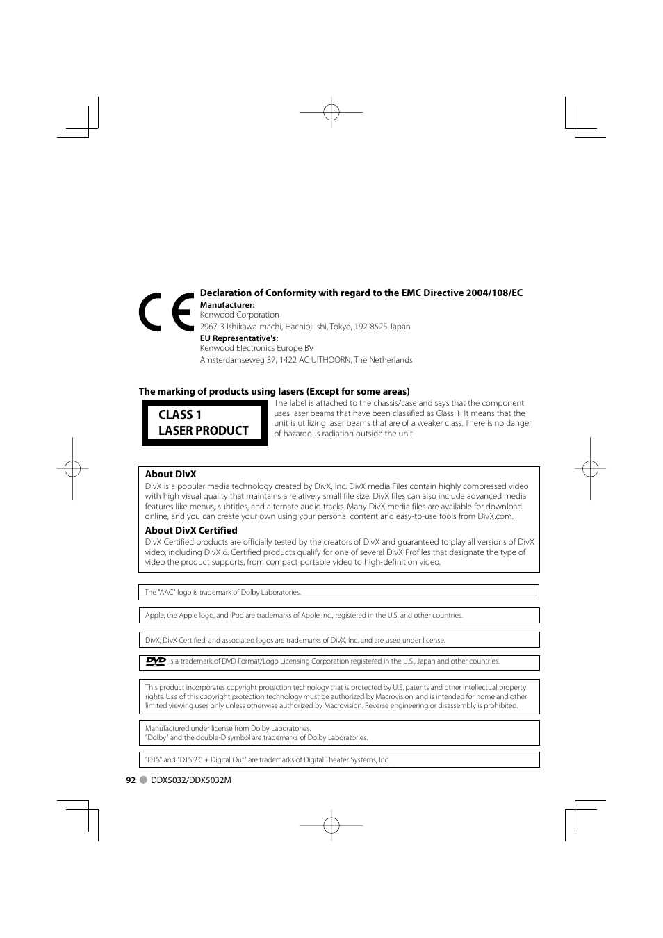 Class 1 laser product | Kenwood DDX5032M User Manual | Page 92 / 92