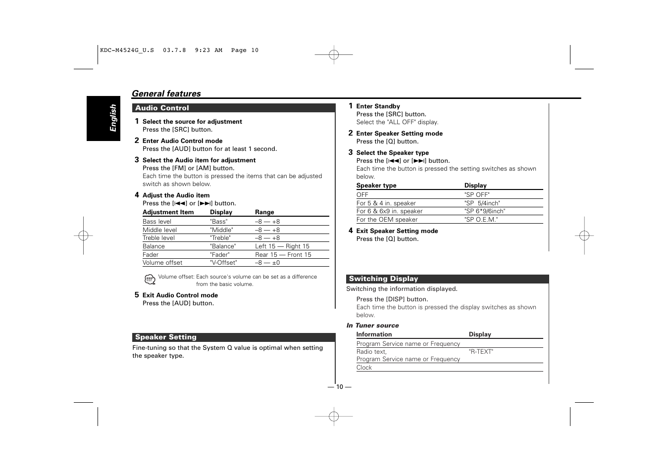Audio control, Speaker setting, Switching display | Kenwood KDC-M4524G  EN User Manual | Page 10 / 32
