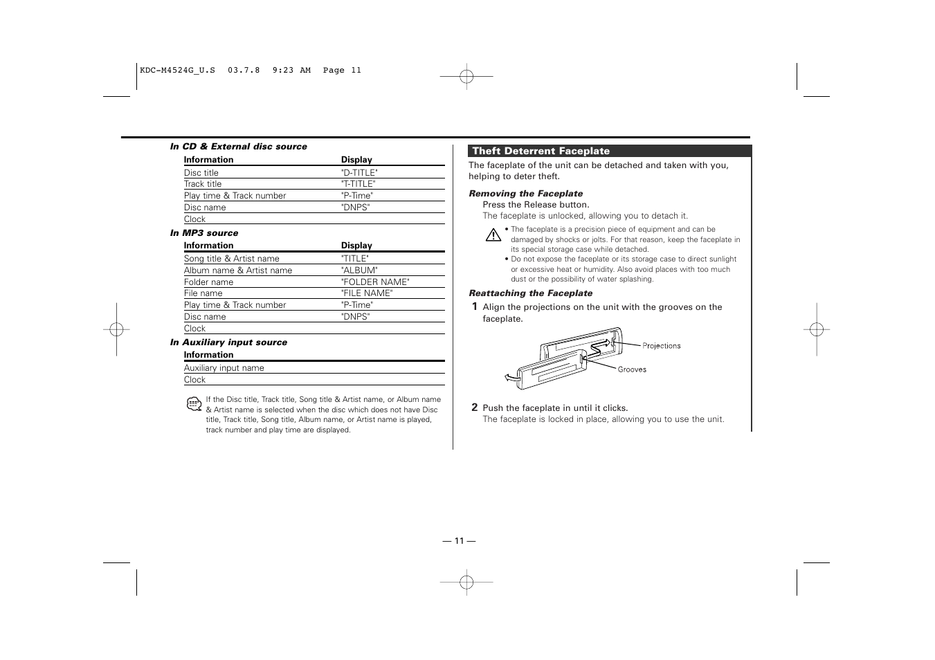 Theft deterrent faceplate | Kenwood KDC-M4524G  EN User Manual | Page 11 / 32