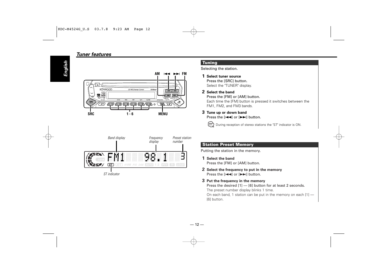 Tuner features, Tuning, Station preset memory | Kenwood KDC-M4524G  EN User Manual | Page 12 / 32