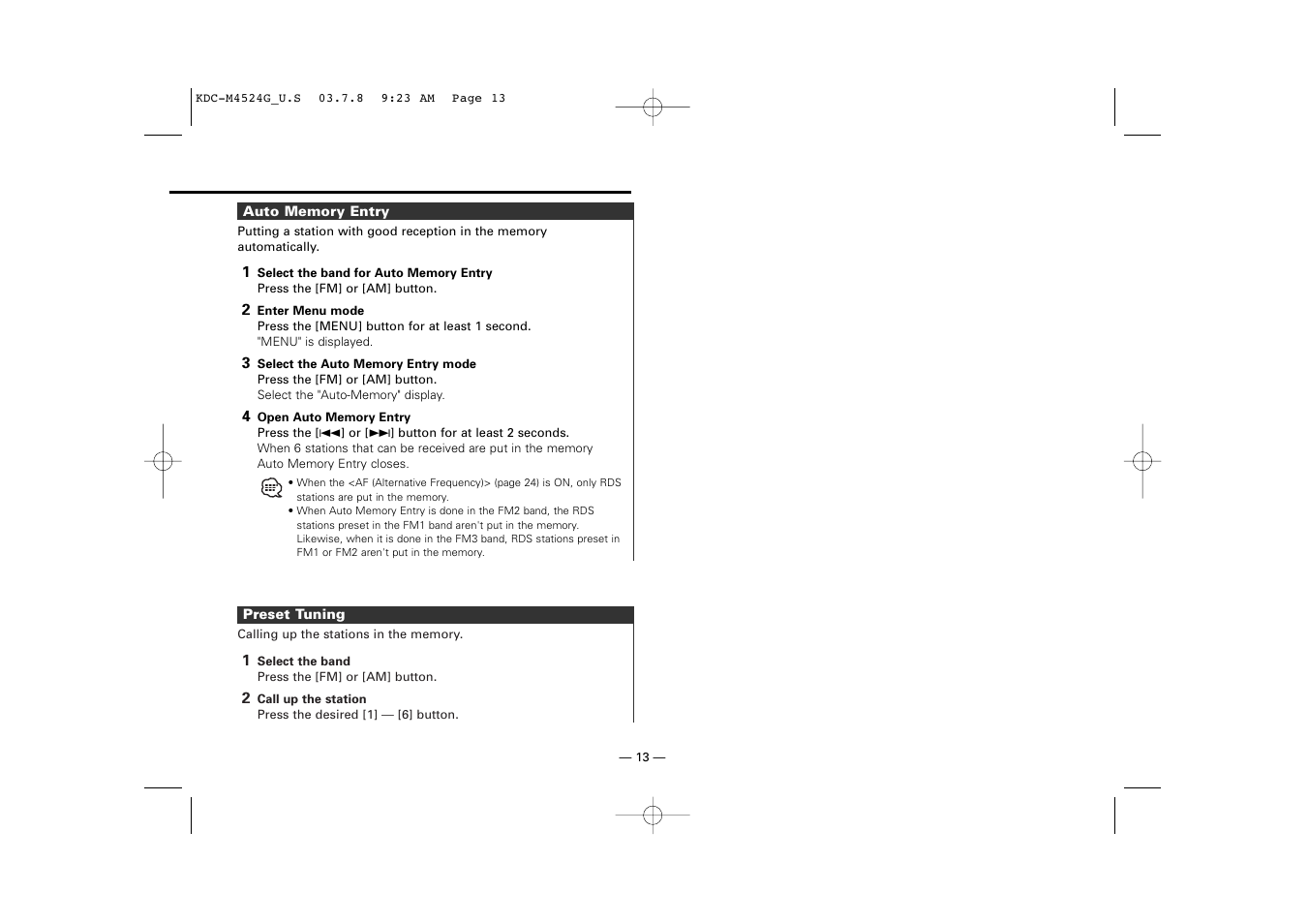 Auto memory entry, Preset tuning | Kenwood KDC-M4524G  EN User Manual | Page 13 / 32