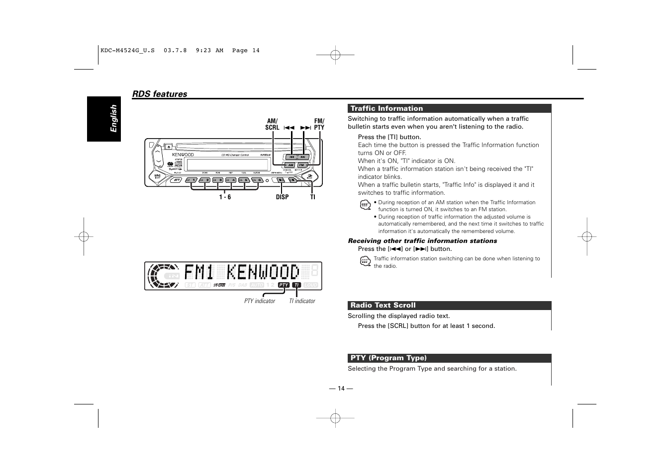 Rds features, Traffic information, Radio text scroll | Pty (program type) | Kenwood KDC-M4524G  EN User Manual | Page 14 / 32