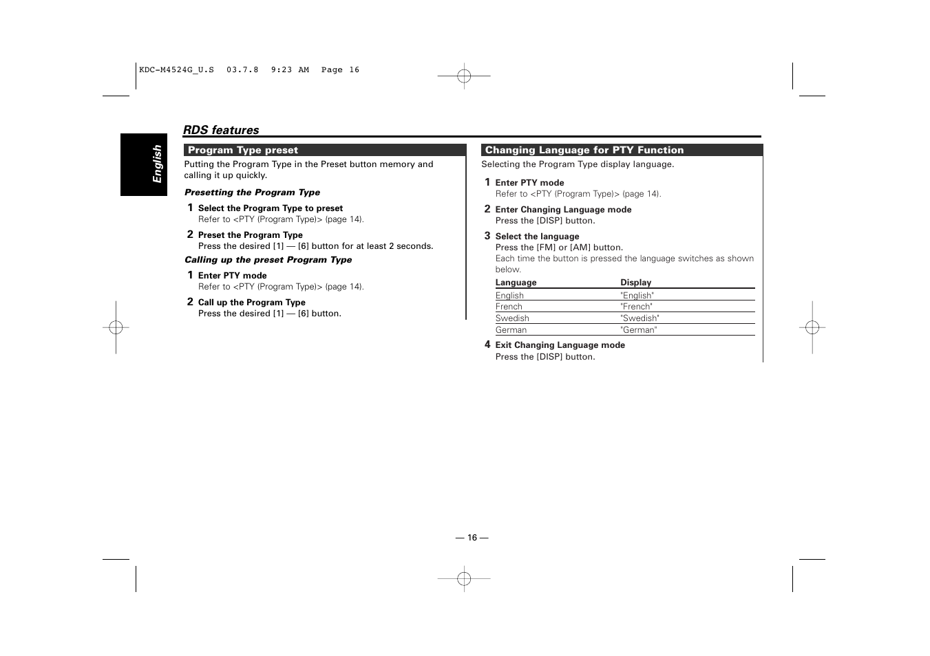 Program type preset, Changing language for pty function | Kenwood KDC-M4524G  EN User Manual | Page 16 / 32