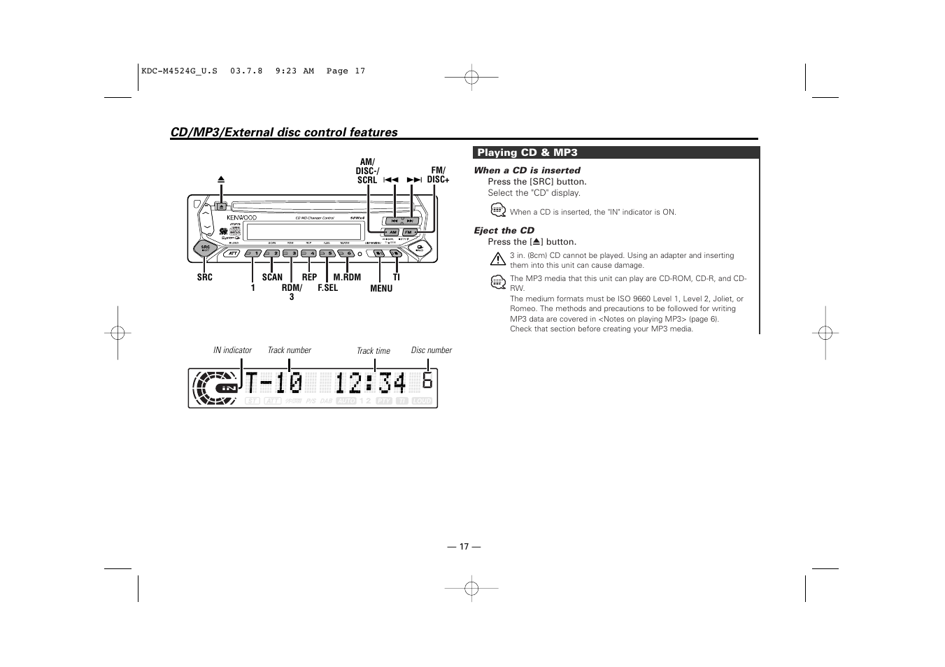 Cd/mp3/external disc control features, Playing cd & mp3 | Kenwood KDC-M4524G  EN User Manual | Page 17 / 32