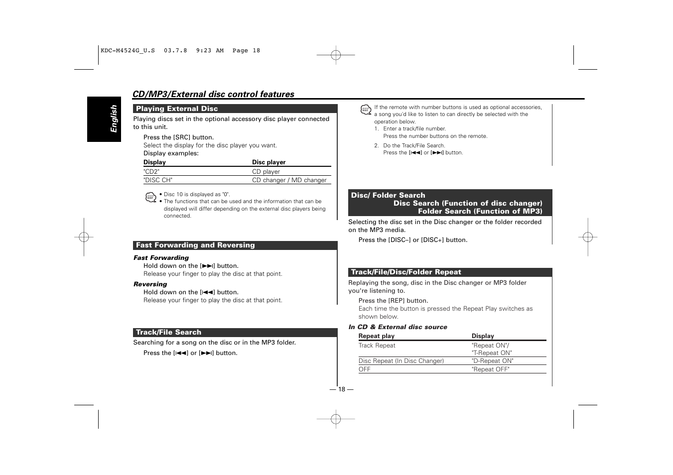 Playing external disc, Fast forwarding and reversing, Track/file search | Disc/ folder search, Track/file/disc/folder repeat | Kenwood KDC-M4524G  EN User Manual | Page 18 / 32