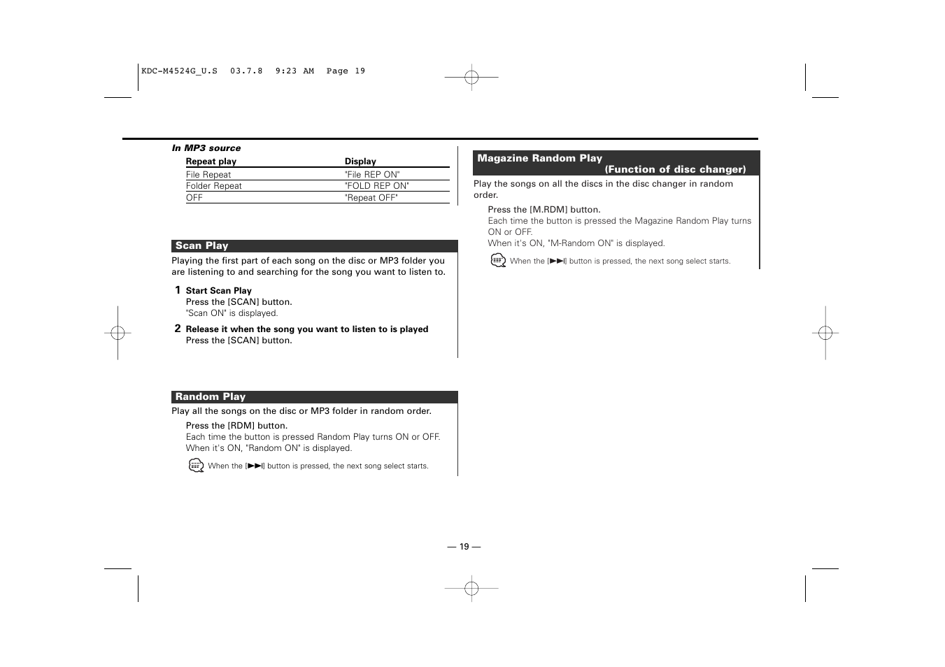 Scan play, Random play, Magazine random play | Kenwood KDC-M4524G  EN User Manual | Page 19 / 32