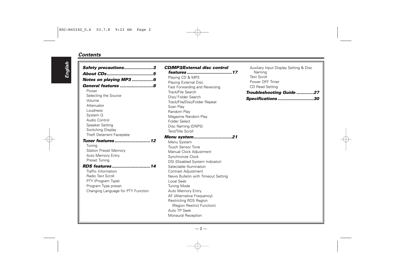 Kenwood KDC-M4524G  EN User Manual | Page 2 / 32