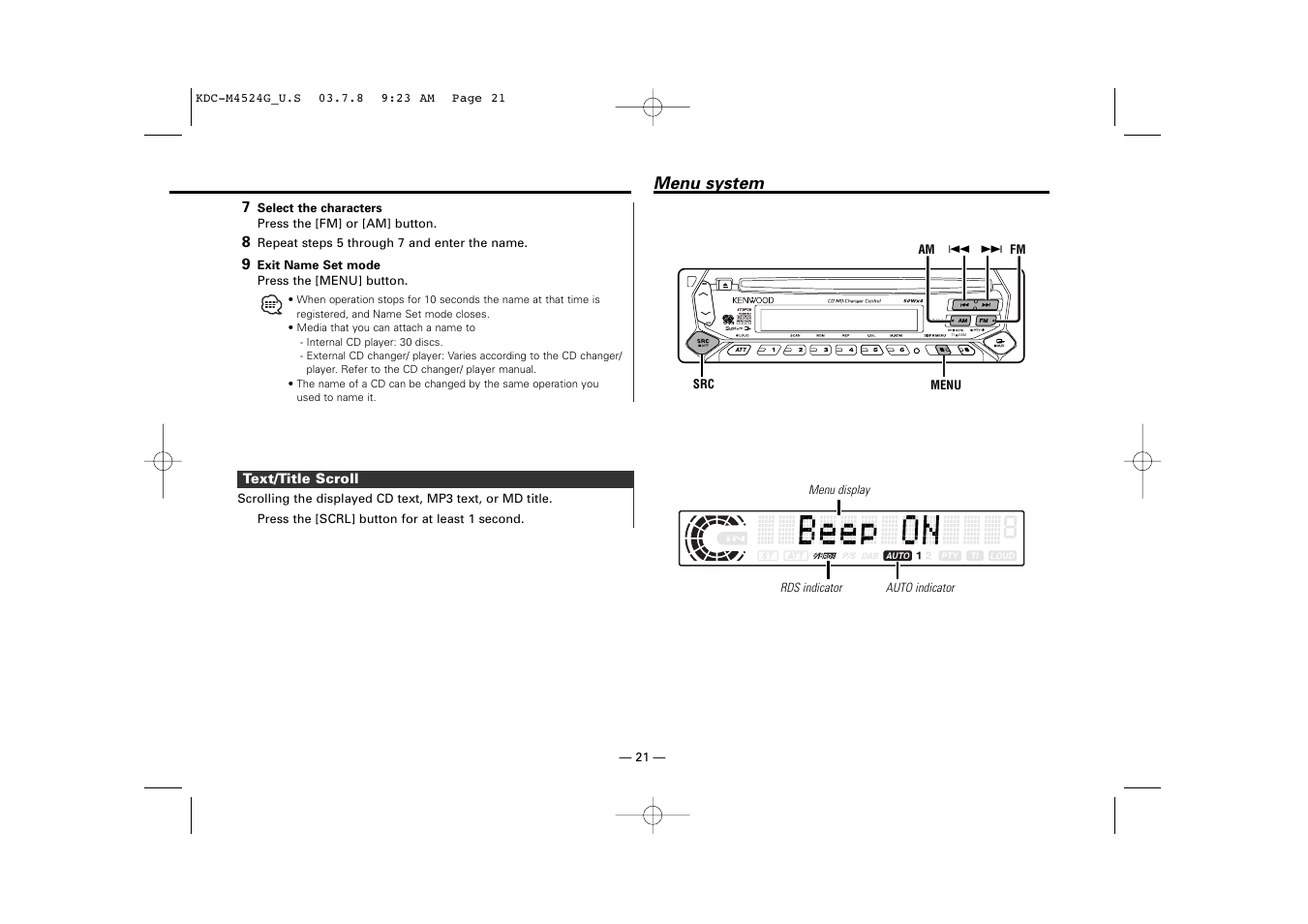 Text/title scroll, Menu system | Kenwood KDC-M4524G  EN User Manual | Page 21 / 32