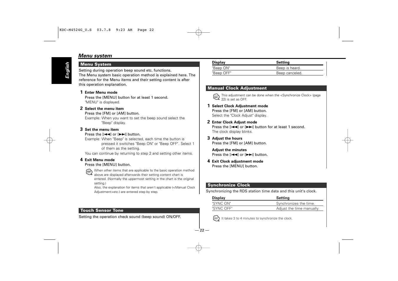 Menu system, Touch sensor tone, Manual clock adjustment | Synchronize clock | Kenwood KDC-M4524G  EN User Manual | Page 22 / 32