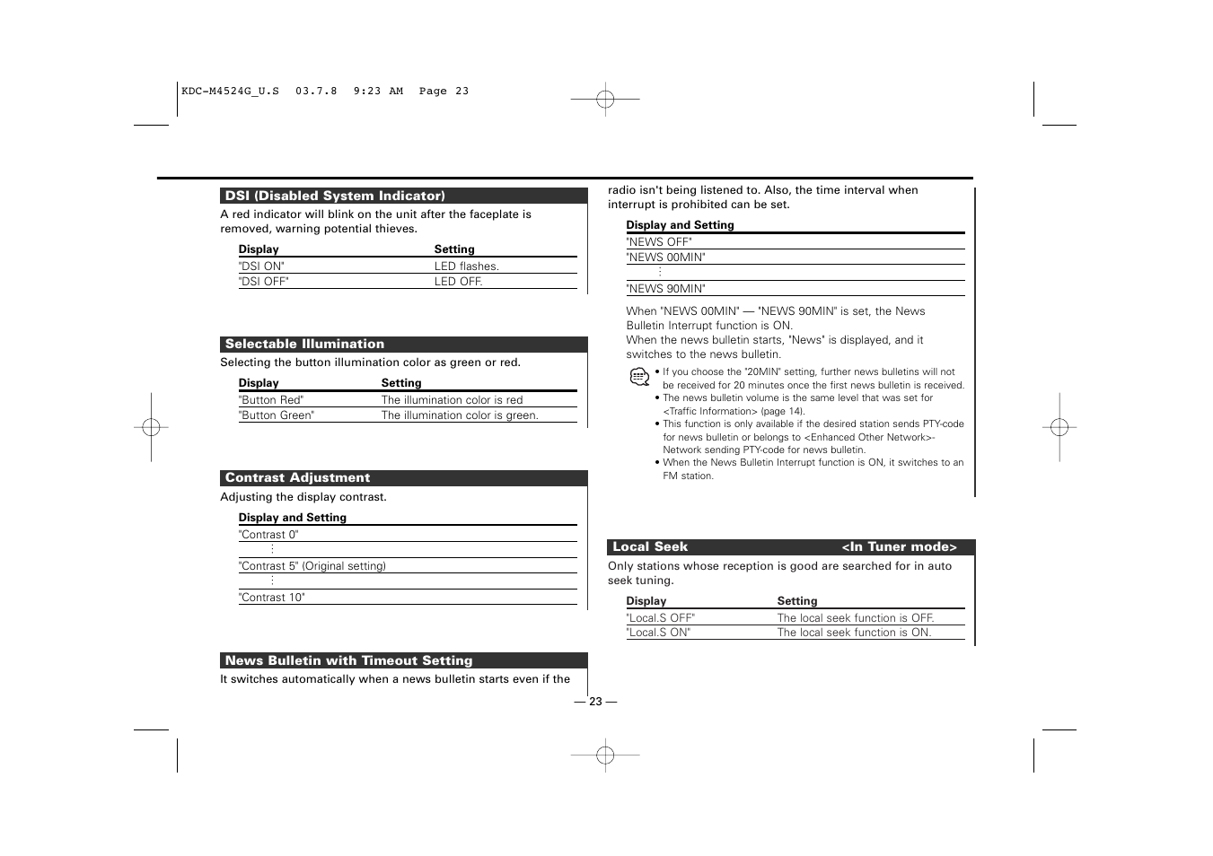 Dsi (disabled system indicator), Selectable illumination, Contrast adjustment | News bulletin with timeout setting, Local seek | Kenwood KDC-M4524G  EN User Manual | Page 23 / 32