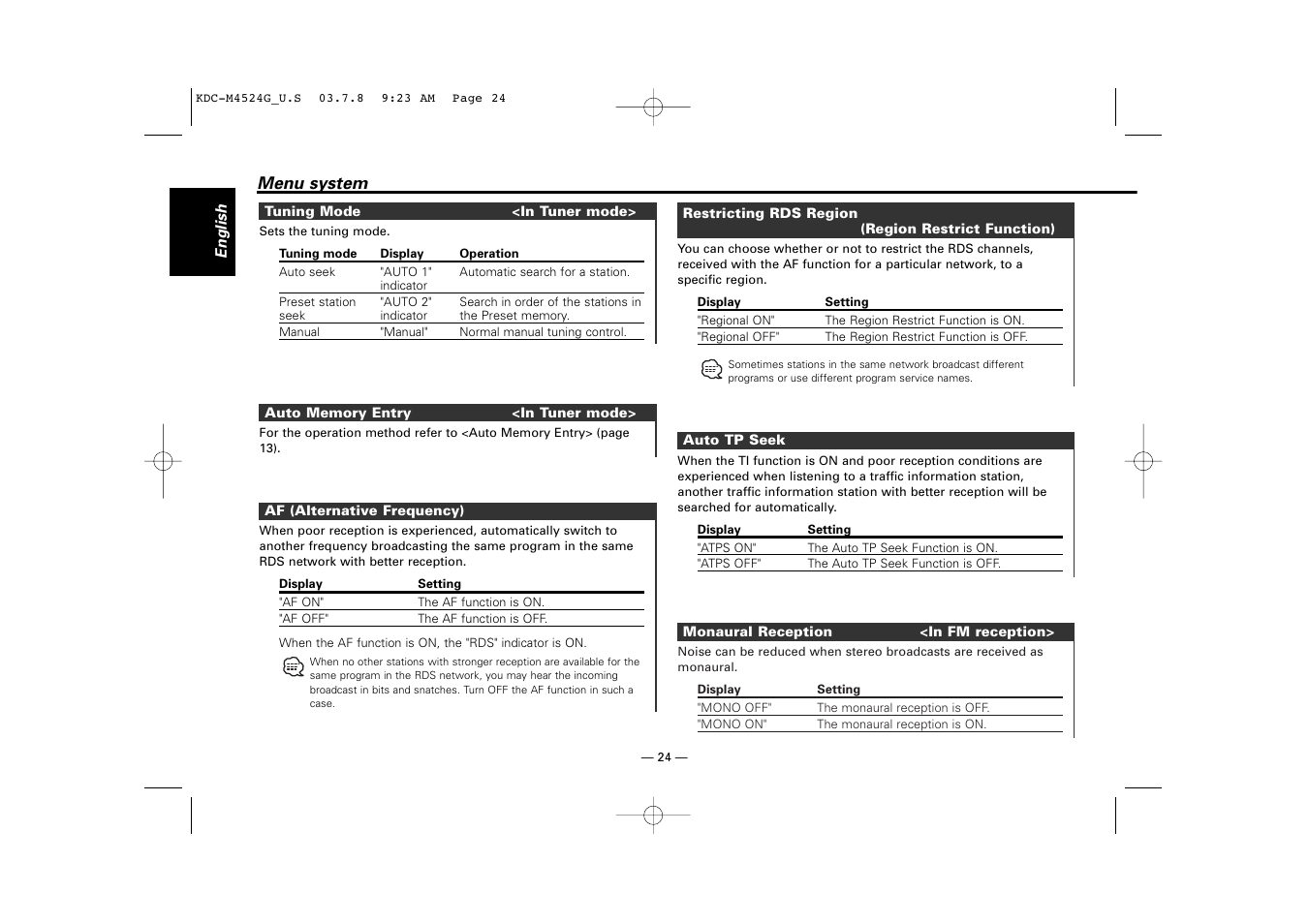 Tuning mode, Auto memory entry, Af (alternative frequency) | Restricting rds region (region restrict function), Auto tp seek, Monaural reception | Kenwood KDC-M4524G  EN User Manual | Page 24 / 32