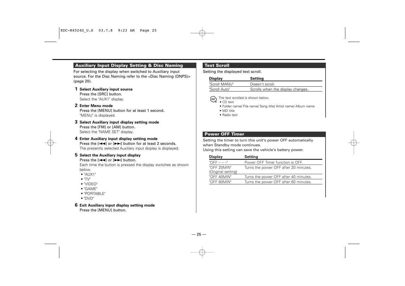 Auxiliary input display setting & disc naming, Text scroll, Power off timer | Kenwood KDC-M4524G  EN User Manual | Page 25 / 32