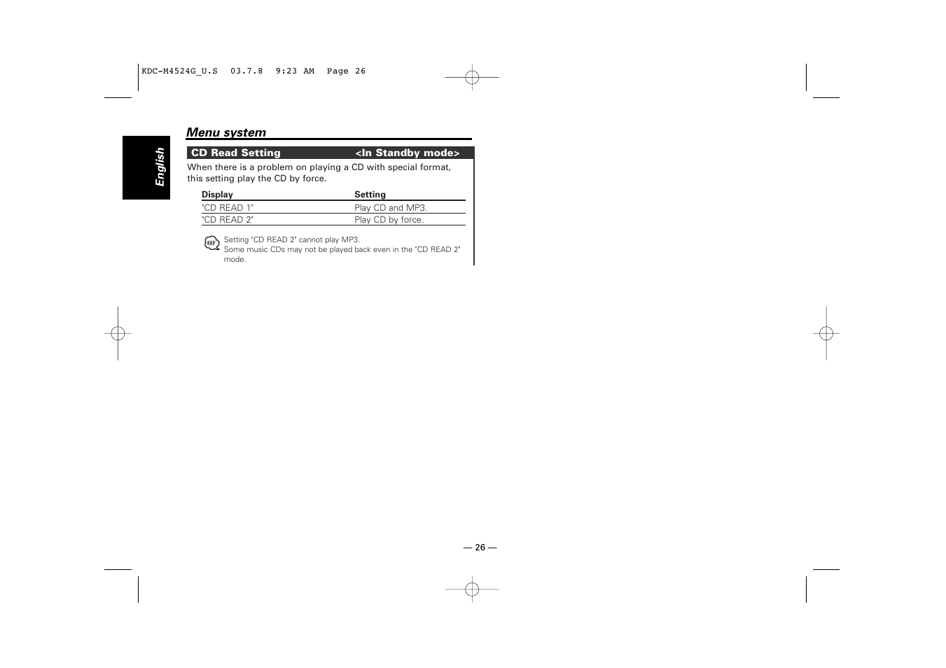 Cd read setting | Kenwood KDC-M4524G  EN User Manual | Page 26 / 32