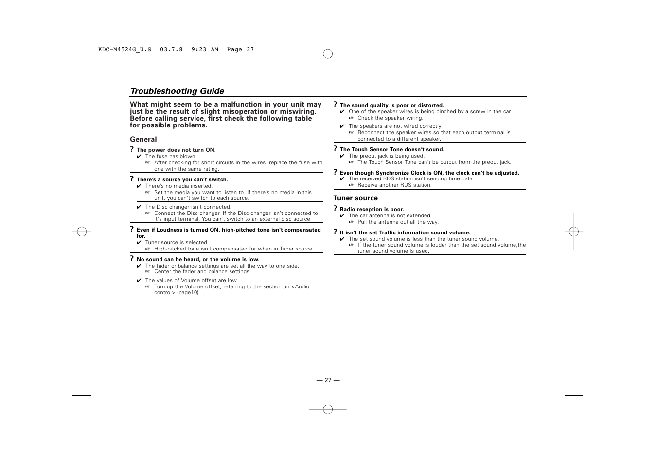 Troubleshooting guide | Kenwood KDC-M4524G  EN User Manual | Page 27 / 32