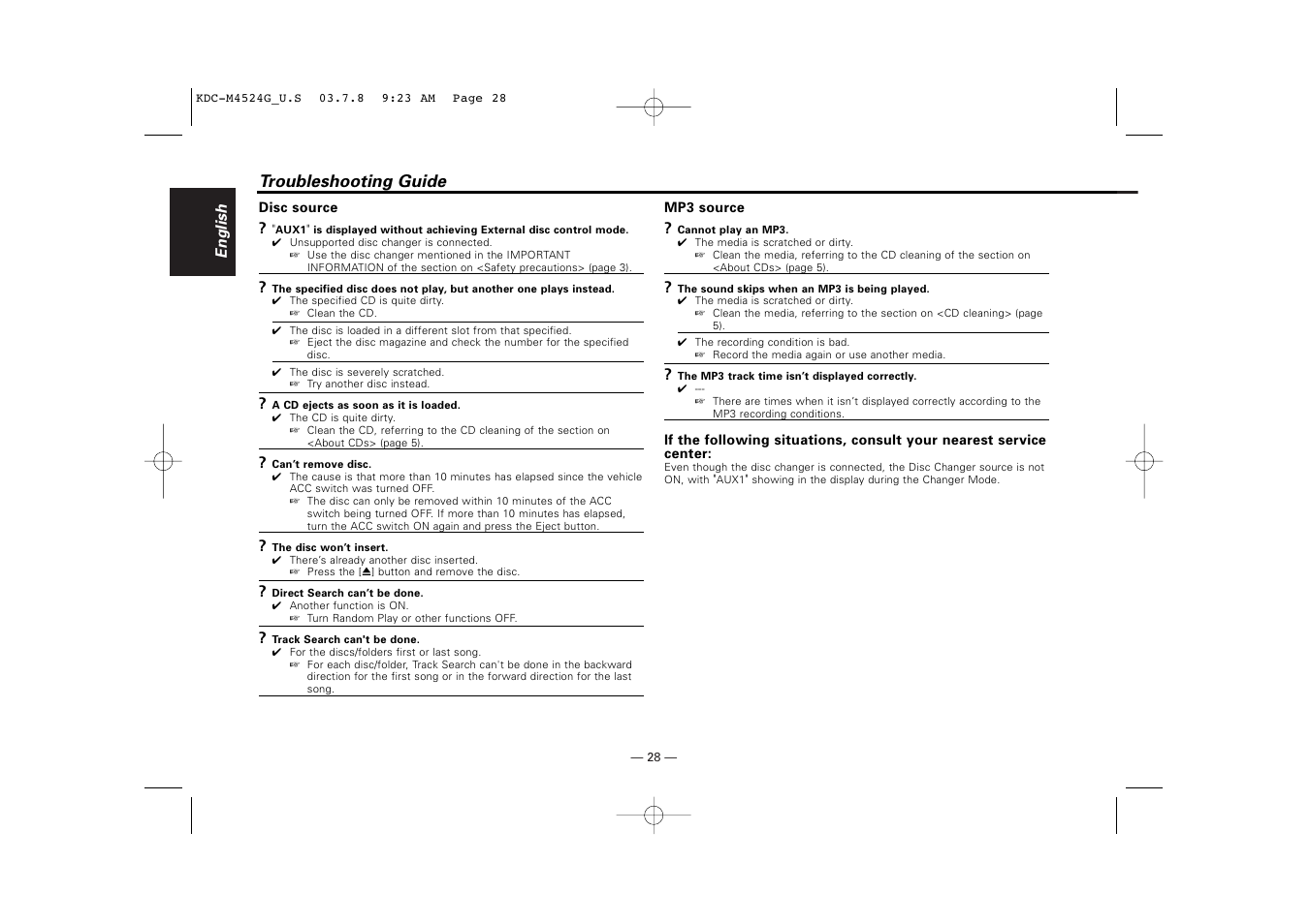 Troubleshooting guide | Kenwood KDC-M4524G  EN User Manual | Page 28 / 32