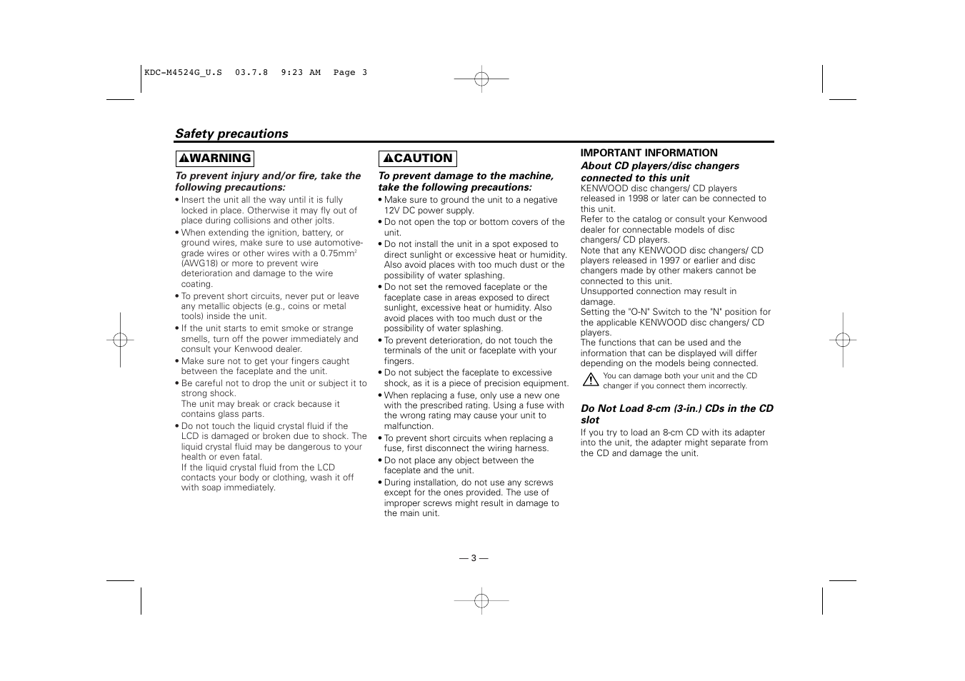 Safety precautions | Kenwood KDC-M4524G  EN User Manual | Page 3 / 32