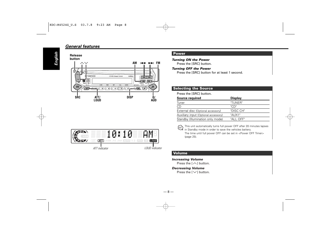 General features, Power, Selecting the source | Volume | Kenwood KDC-M4524G  EN User Manual | Page 8 / 32