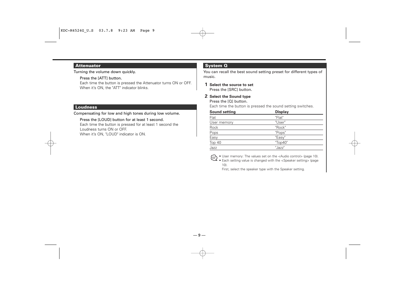 Attenuator, Loudness, System q | Kenwood KDC-M4524G  EN User Manual | Page 9 / 32