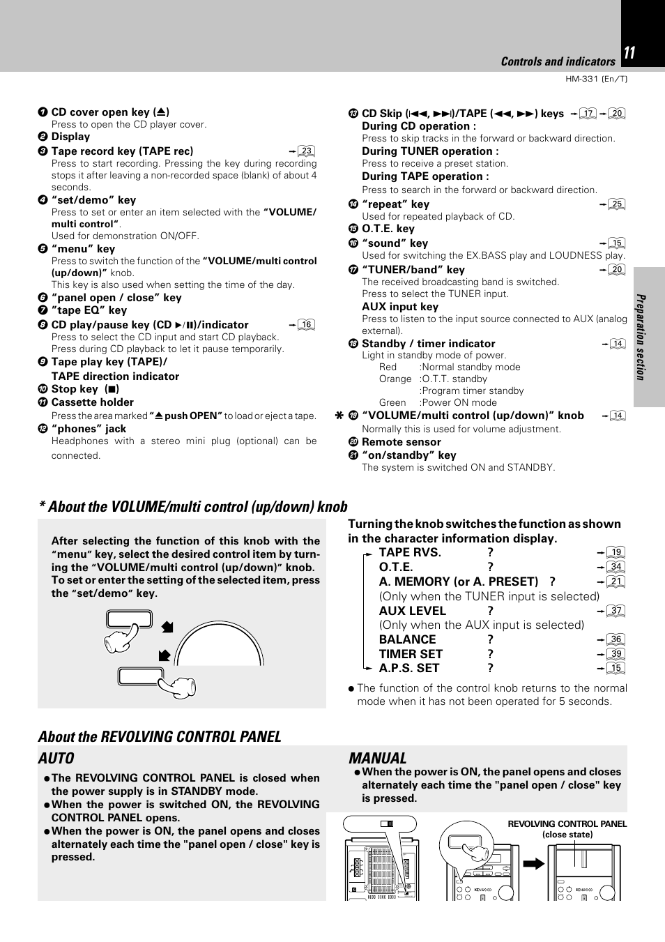 About the volume/multi control (up/down) knob, About the revolving control panel, Auto manual | Kenwood HM-331 User Manual | Page 11 / 48