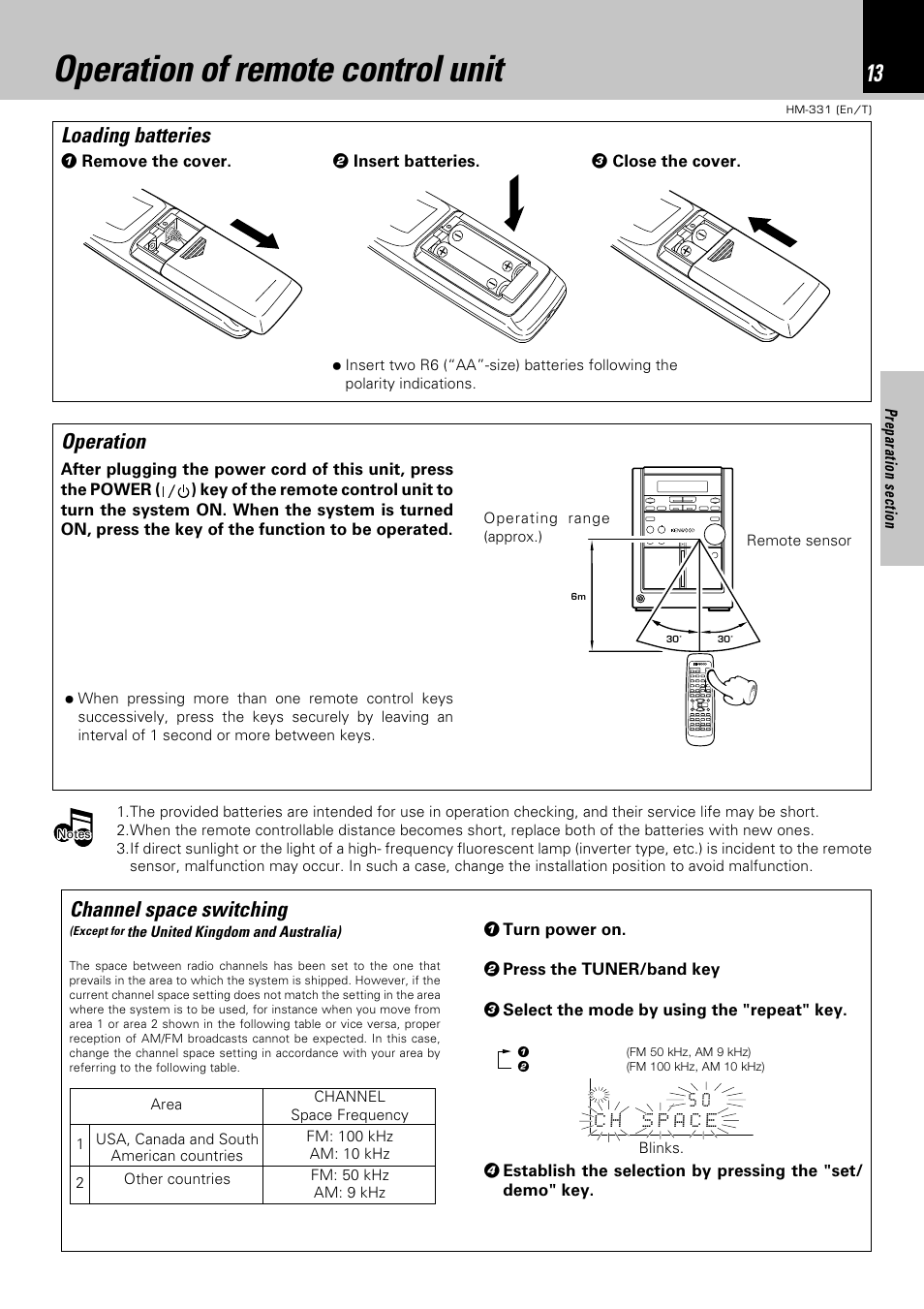 Operation of remote control unit, Operation, Loading batteries | Channel space switching | Kenwood HM-331 User Manual | Page 13 / 48