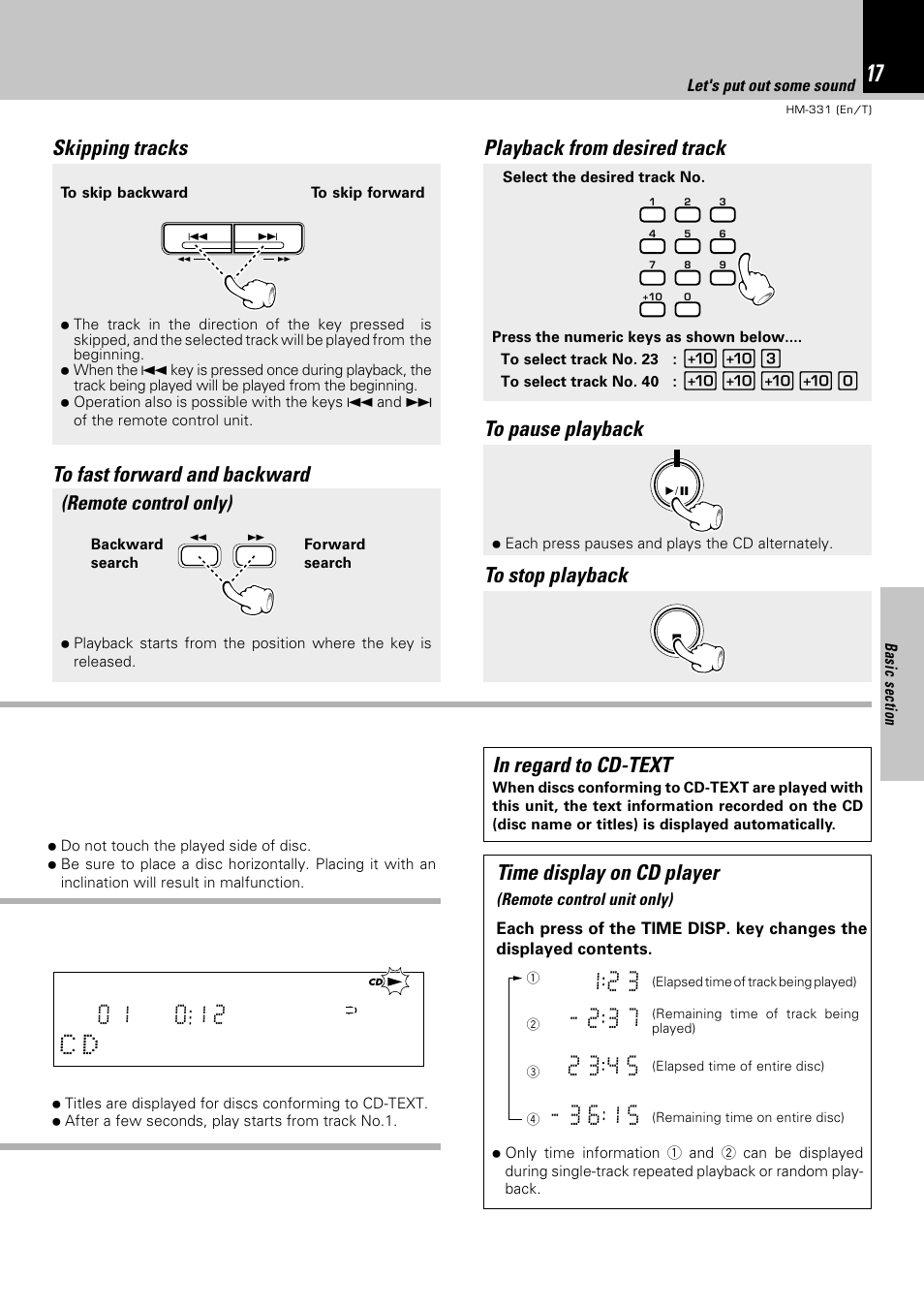 Skipping tracks, Playback from desired track, Time display on cd player | Remote control only), Let's put out some sound | Kenwood HM-331 User Manual | Page 17 / 48