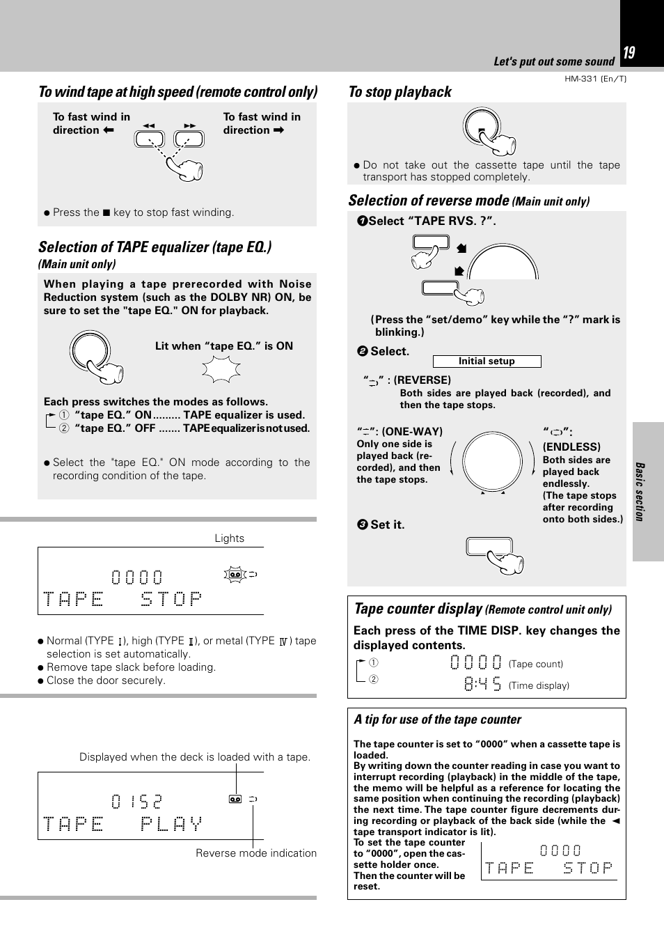 Selection of tape equalizer (tape eq.), Selection of reverse mode, Tape counter display | A tip for use of the tape counter, Let's put out some sound, Main unit only) | Kenwood HM-331 User Manual | Page 19 / 48