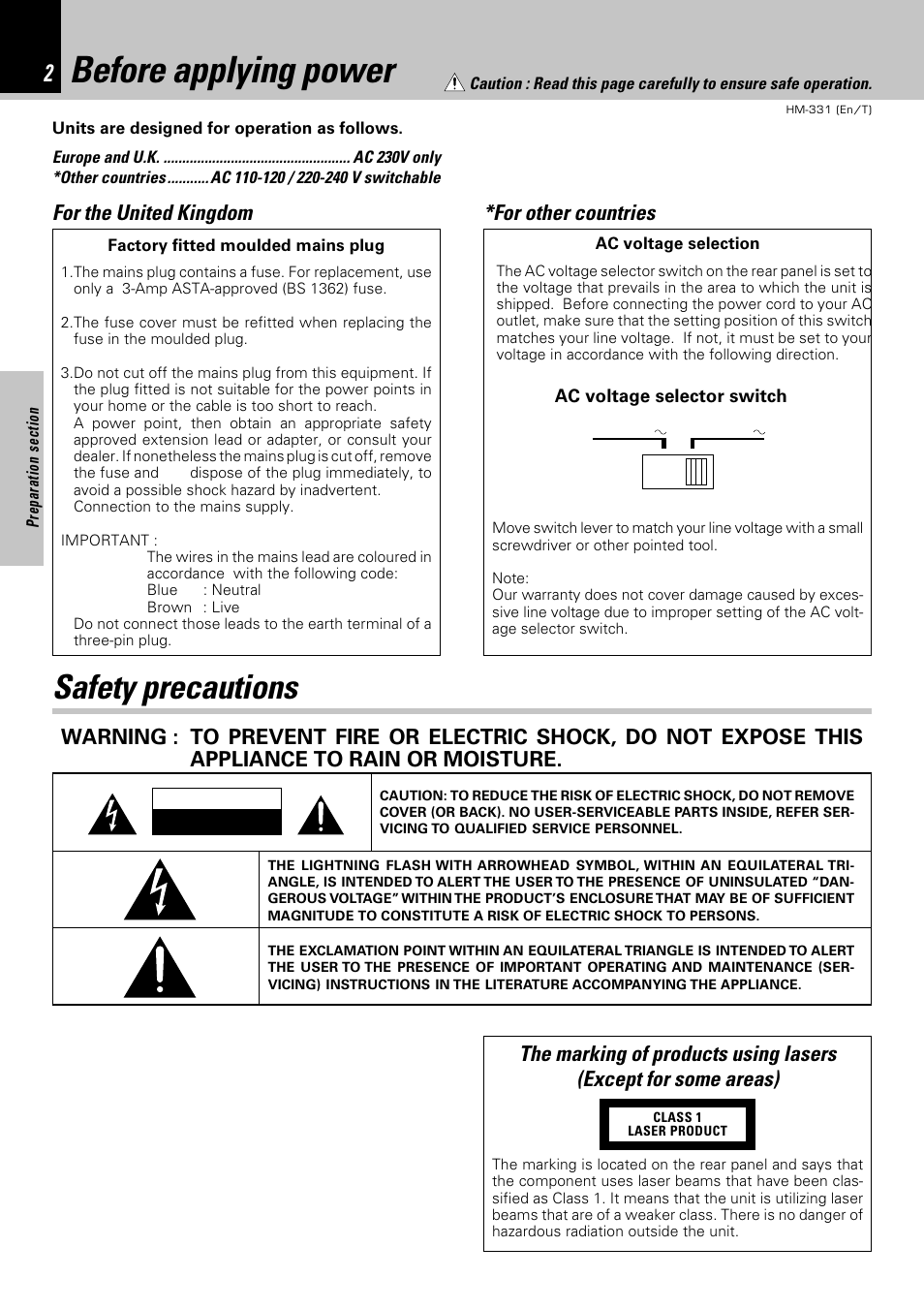 Before applying power, Safety precautions, For the united kingdom | For other countries | Kenwood HM-331 User Manual | Page 2 / 48