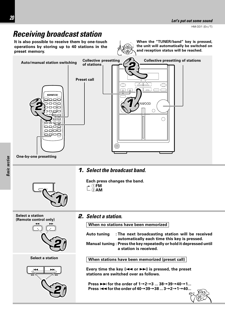 Receiving broadcast station | Kenwood HM-331 User Manual | Page 20 / 48