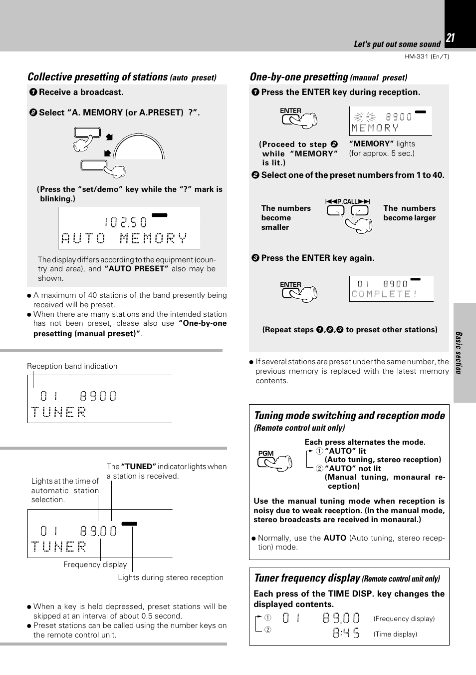 One-by-one presetting, Tuner frequency display, Tuning mode switching and reception mode | Collective presetting of stations, Manual preset), Remote control unit only), Auto preset), Preset | Kenwood HM-331 User Manual | Page 21 / 48