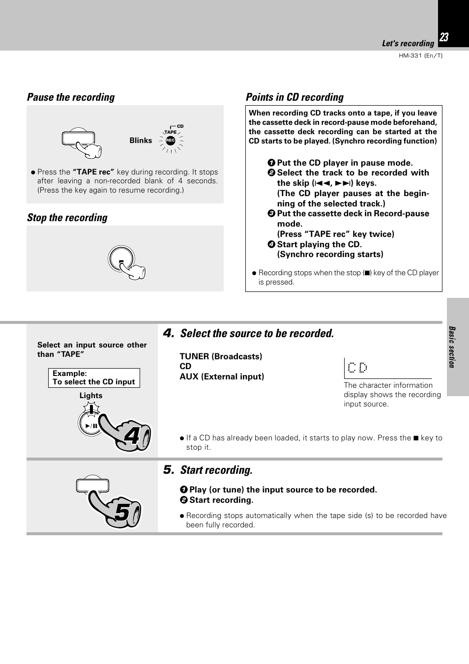 Select the source to be recorded, Start recording | Kenwood HM-331 User Manual | Page 23 / 48