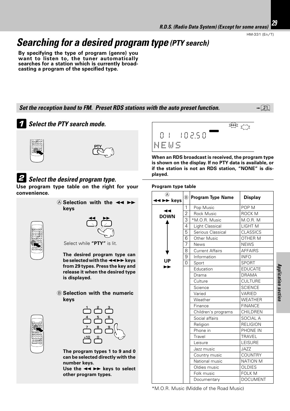 Searching for a desired program type (pty search), Searching for a desired program type, Pty search) | Select the pty search mode, Select the desired program type | Kenwood HM-331 User Manual | Page 29 / 48