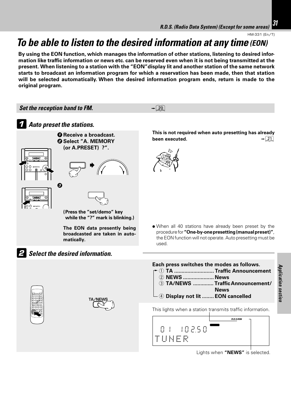 Eon), Select the desired information, Auto preset the stations | Set the reception band to fm. ) | Kenwood HM-331 User Manual | Page 31 / 48