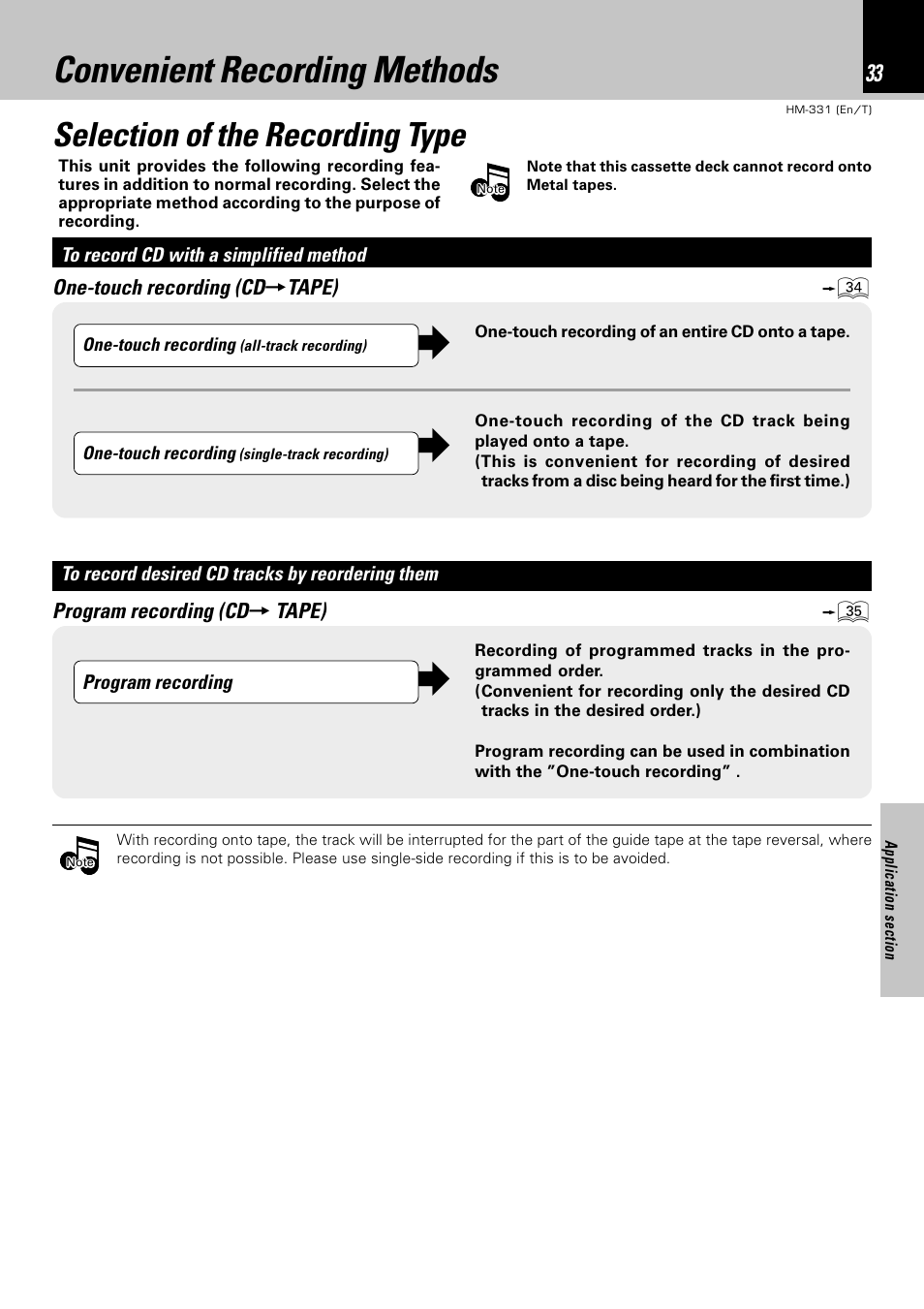 Convenient recording methods, Selection of the recording type | Kenwood HM-331 User Manual | Page 33 / 48