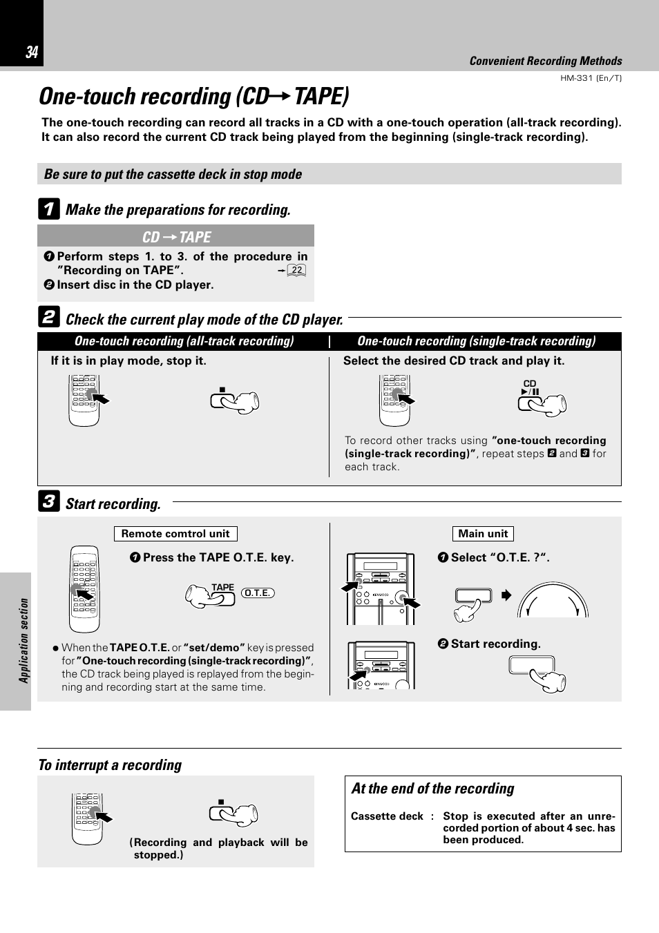 One-touch recording (cd→tape), One-touch recording (cd, Tape) | Make the preparations for recording, At the end of the recording | Kenwood HM-331 User Manual | Page 34 / 48