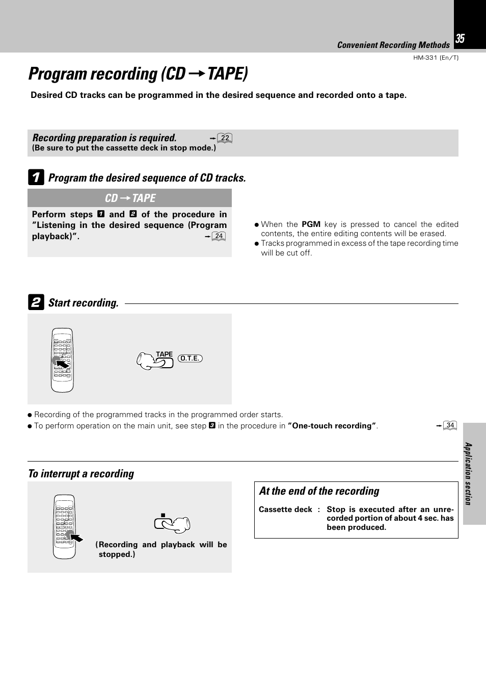 Program recording (cd→tape), Program recording (cd, Tape) | Kenwood HM-331 User Manual | Page 35 / 48