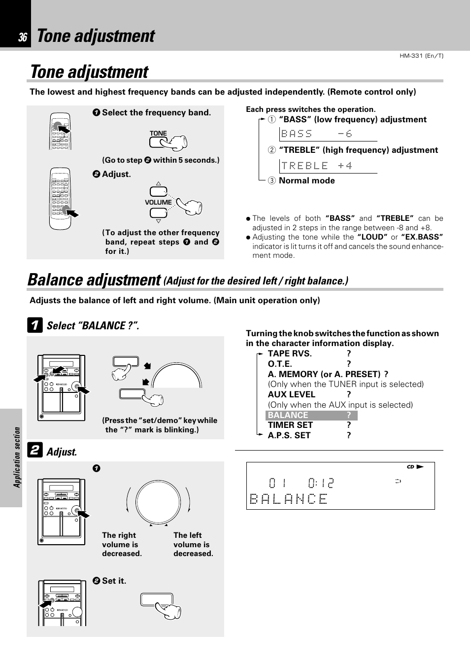 Tone adjustment, Balance adjustment, Adjust for the desired left / right balance.) | Select “balance, Adjust | Kenwood HM-331 User Manual | Page 36 / 48