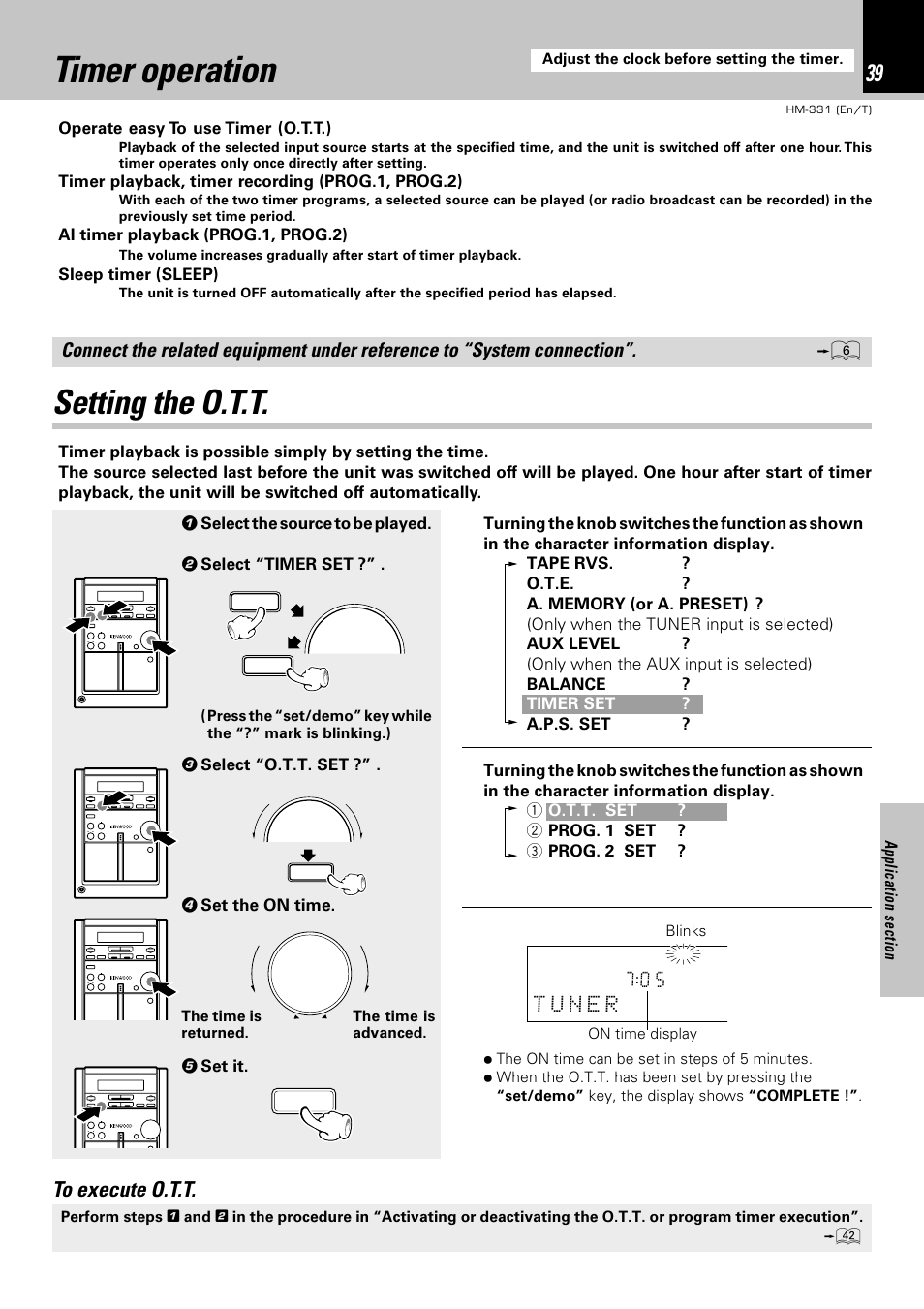 Timer operation, Setting the o.t.t | Kenwood HM-331 User Manual | Page 39 / 48