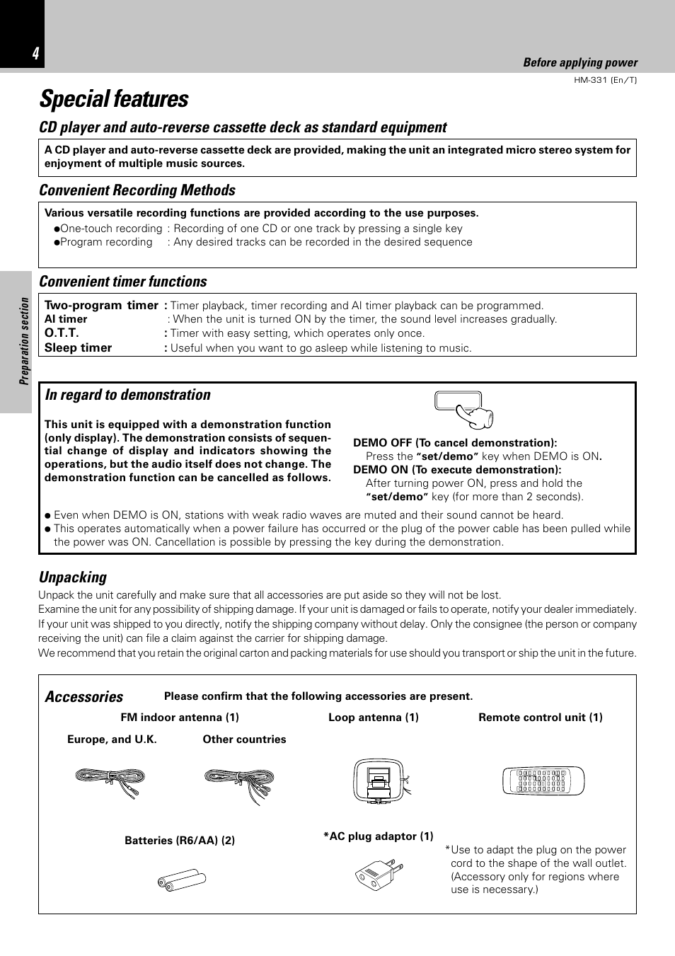 Special features, Convenient recording methods, Convenient timer functions unpacking | Accessories | Kenwood HM-331 User Manual | Page 4 / 48