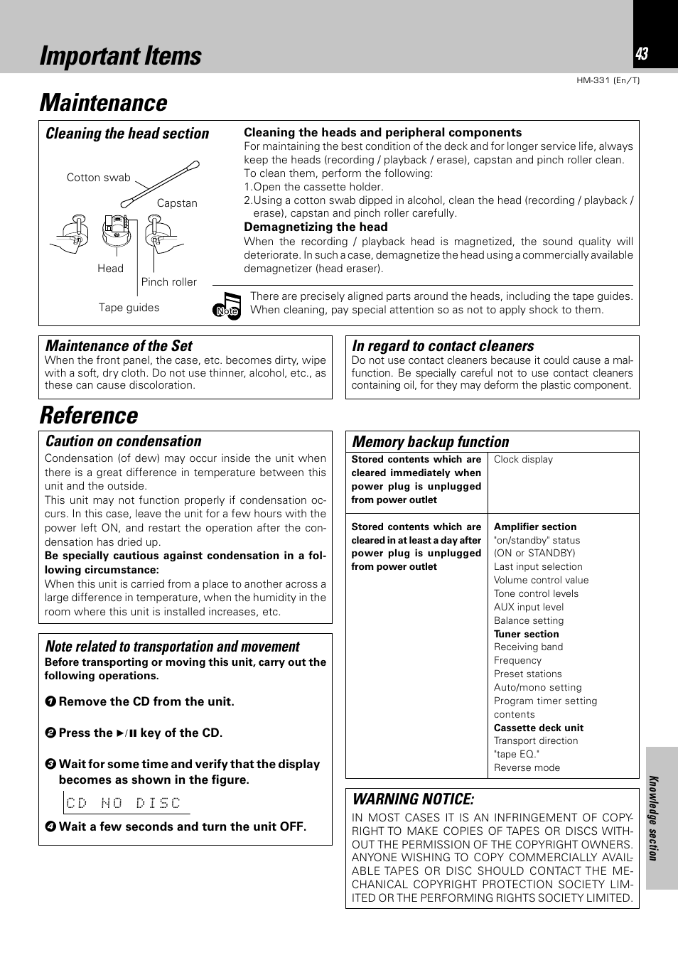 Important items, Maintenance, Reference | Caution on condensation, Maintenance of the set | Kenwood HM-331 User Manual | Page 43 / 48