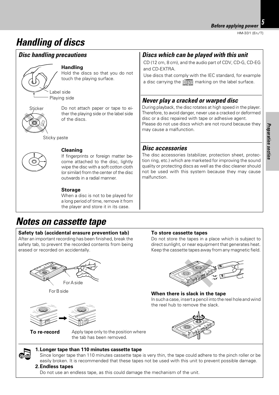 Handling of discs, Notes on cassette tape, Discs which can be played with this unit | Disc handling precautions disc accessories, Never play a cracked or warped disc | Kenwood HM-331 User Manual | Page 5 / 48