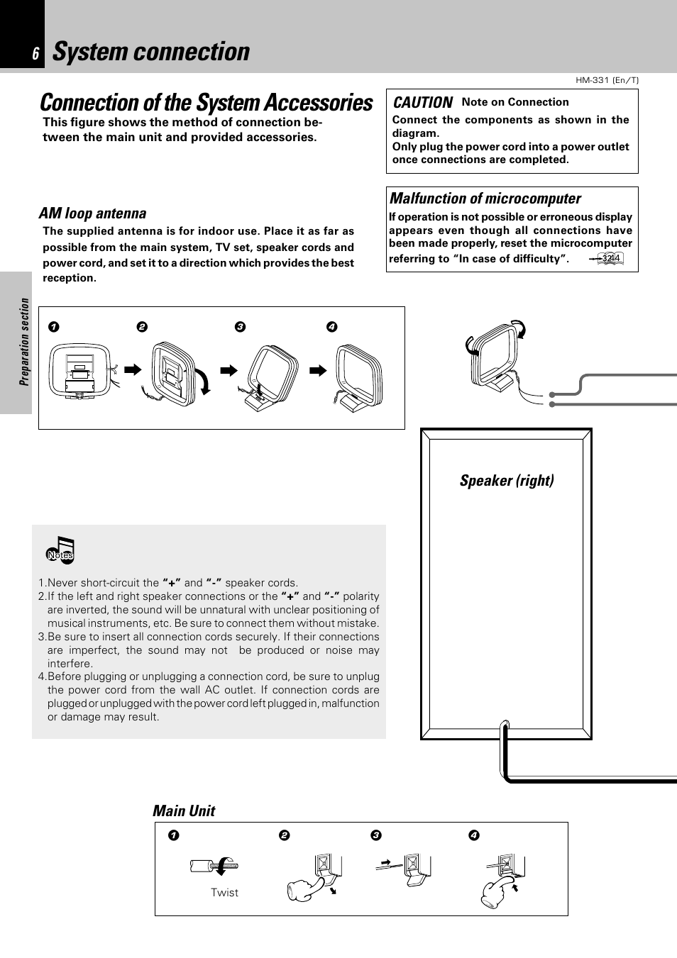 System connection, Connection of the system accessories, Malfunction of microcomputer | Am loop antenna, Speaker (right) main unit caution | Kenwood HM-331 User Manual | Page 6 / 48